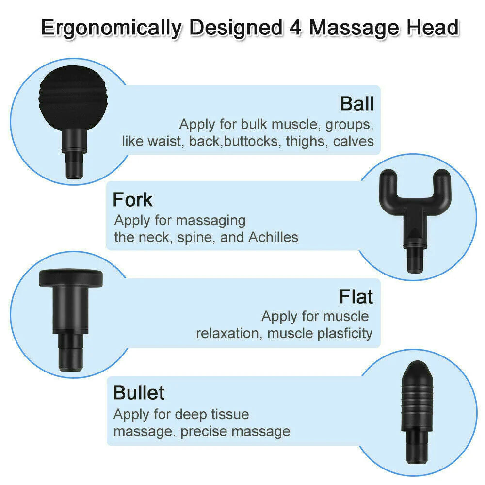 Deep Tissue Percussion Massage Gun – 4 Attachment Heads, Handheld Muscle Relaxer, US Seller Fast Ship