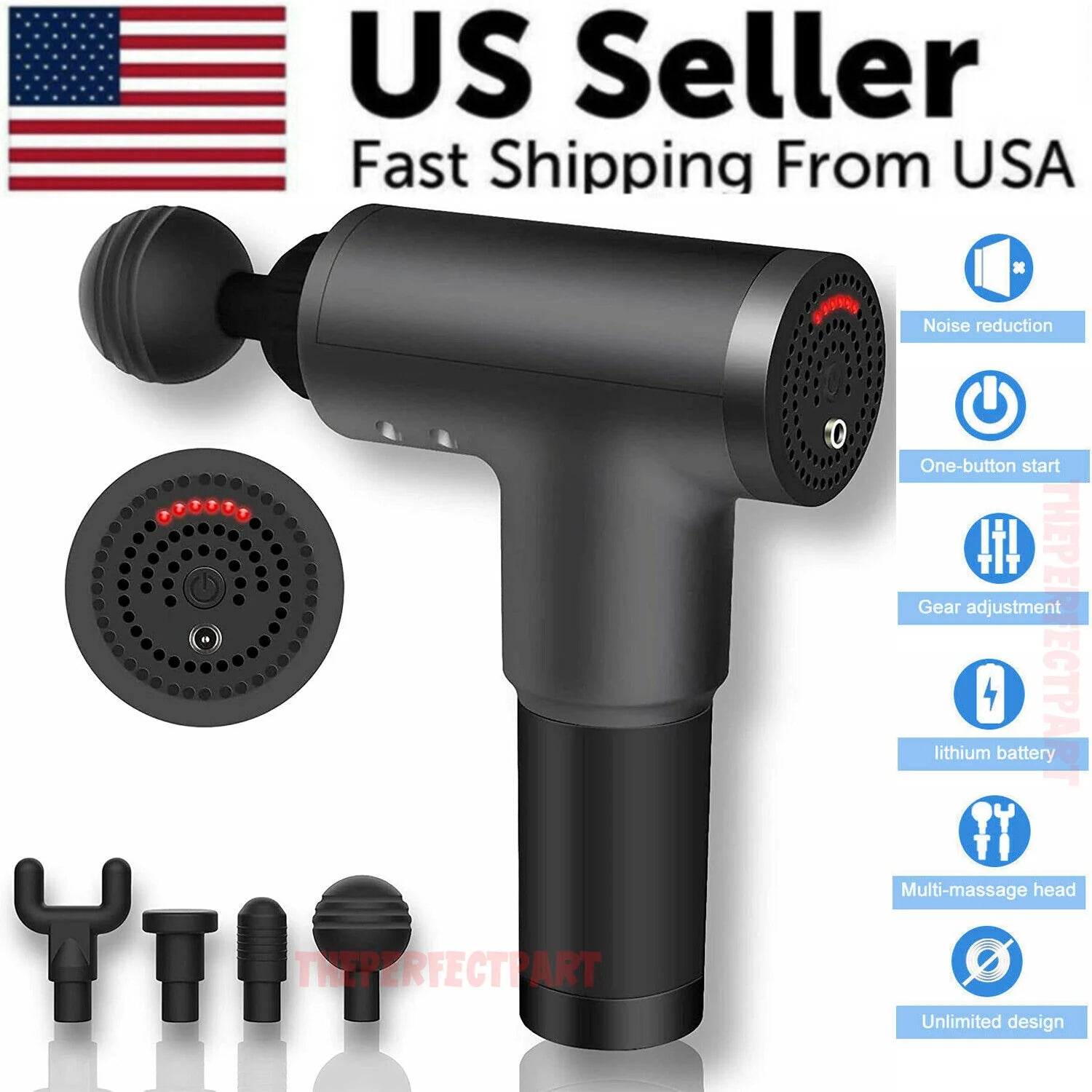 Deep Tissue Percussion Massage Gun – 4 Attachment Heads, Handheld Muscle Relaxer, US Seller Fast Ship