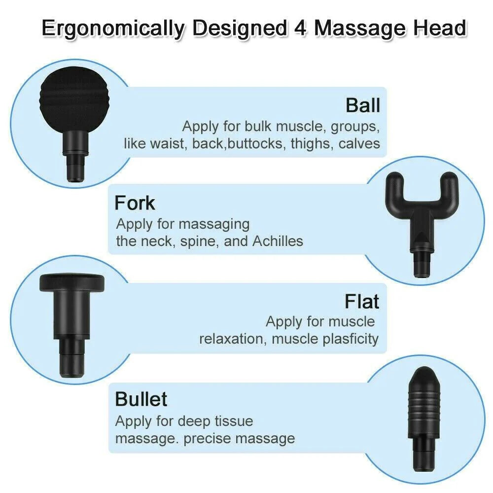 Deep Tissue Percussion Massage Gun – 4 Attachment Heads, Handheld Muscle Relaxer, US Seller Fast Ship