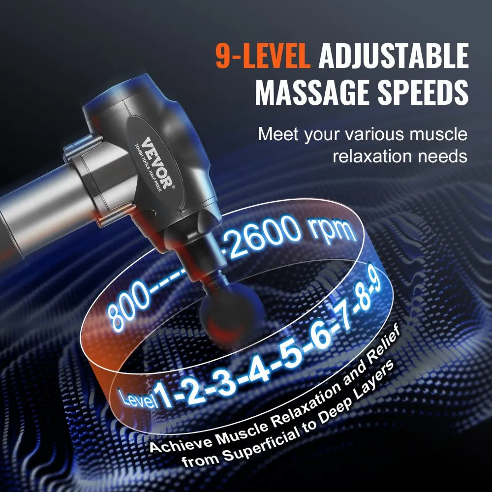 VEVOR Deep Tissue Massage Gun – 9 Speed Levels, 6 Heads, 24V 2500mAh Battery