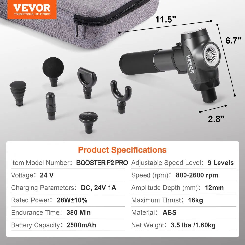 VEVOR Deep Tissue Massage Gun – 9 Speed Levels, 6 Heads, 24V 2500mAh Battery