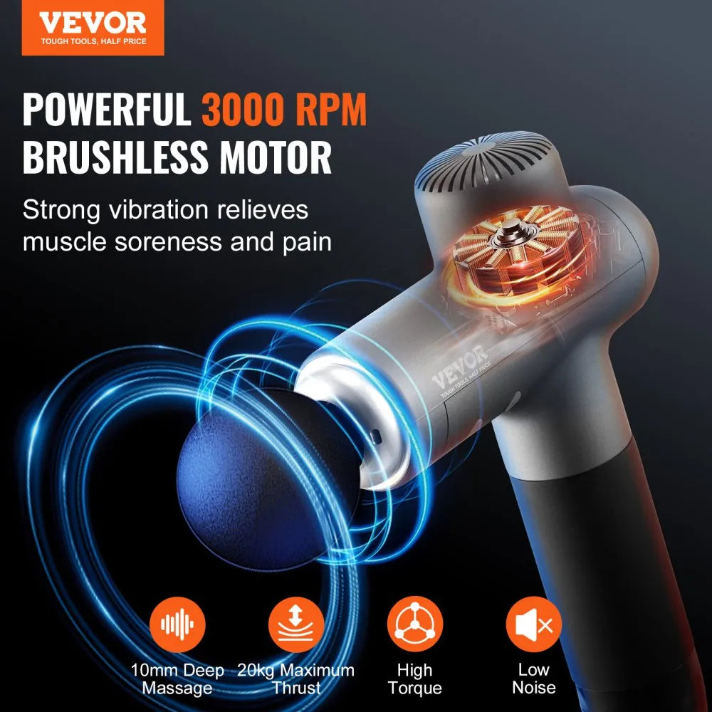 VEVOR Deep Tissue Massage Gun – 8 Speed Levels, 6 Heads, 16V 2500mAh Battery