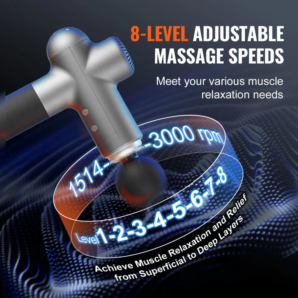VEVOR Deep Tissue Massage Gun – 8 Speed Levels, 6 Heads, 16V 2500mAh Battery