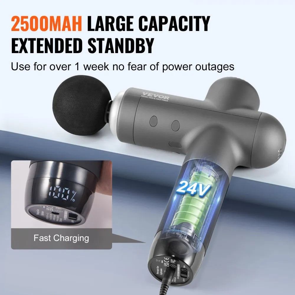 VEVOR Deep Tissue Massage Gun – 8 Speed Levels, 6 Heads, 16V 2500mAh Battery