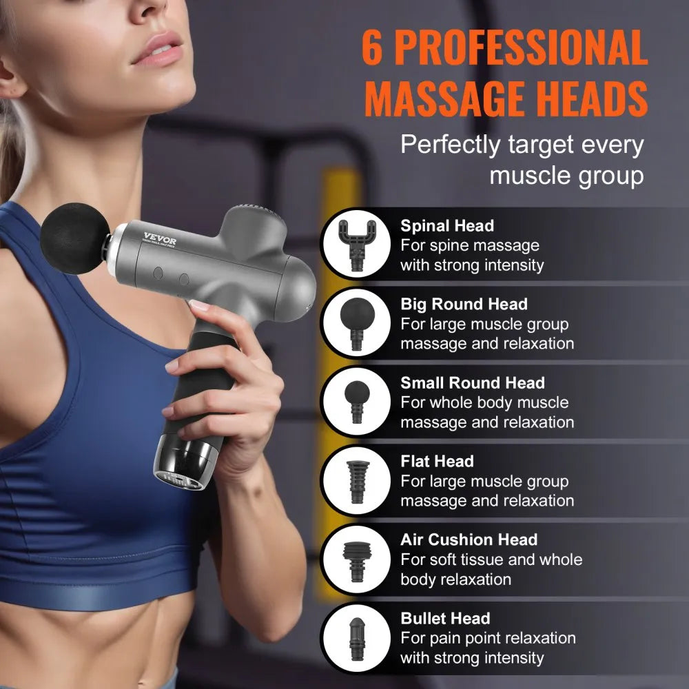 VEVOR Deep Tissue Massage Gun – 8 Speed Levels, 6 Heads, 16V 2500mAh Battery