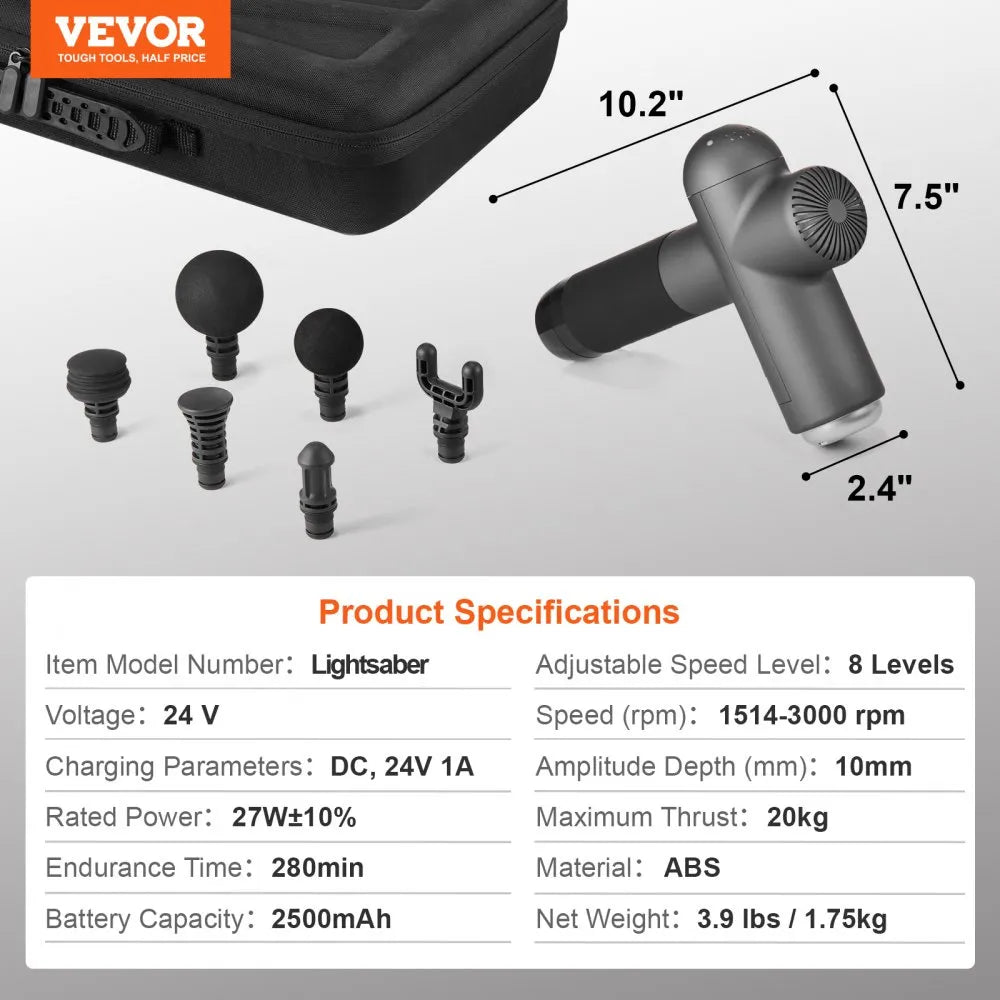 VEVOR Deep Tissue Massage Gun – 8 Speed Levels, 6 Heads, 16V 2500mAh Battery